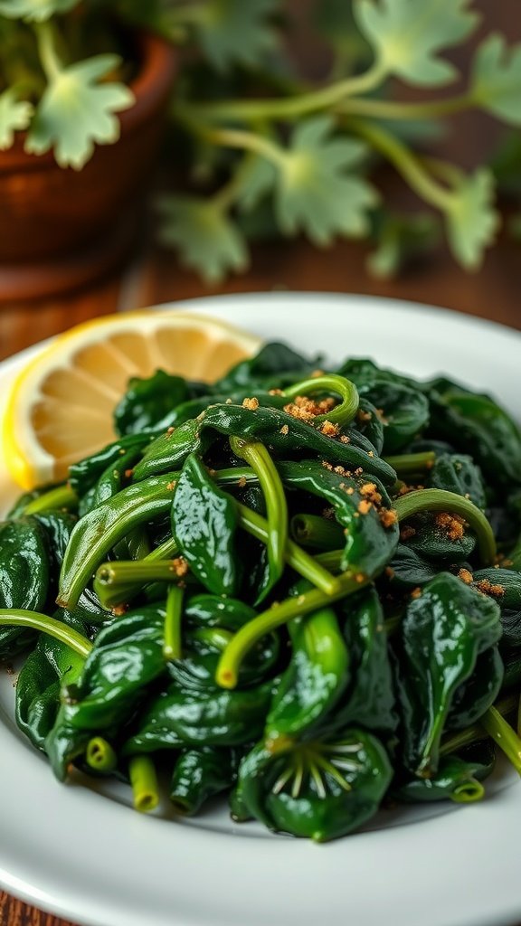 A plate of sautéed spinach garnished with lemon slices.