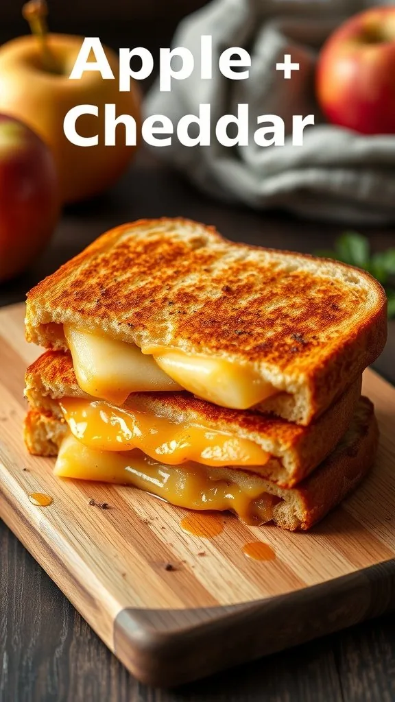 A grilled cheese sandwich with melted cheddar and apple slices, served on a wooden cutting board.