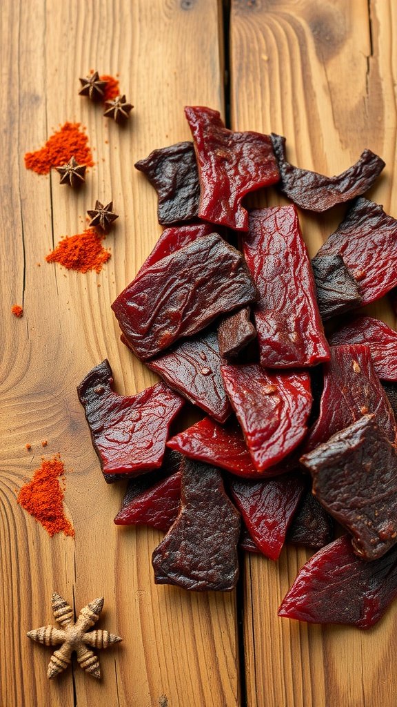 A pile of beef jerky slices with spices on a wooden surface.
