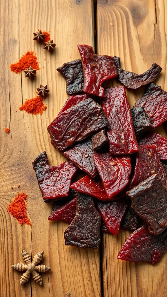 A pile of beef jerky slices with spices on a wooden surface.