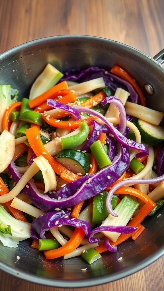 Colorful stir-fried vegetables including cabbage, bell peppers, and zucchini in a pan