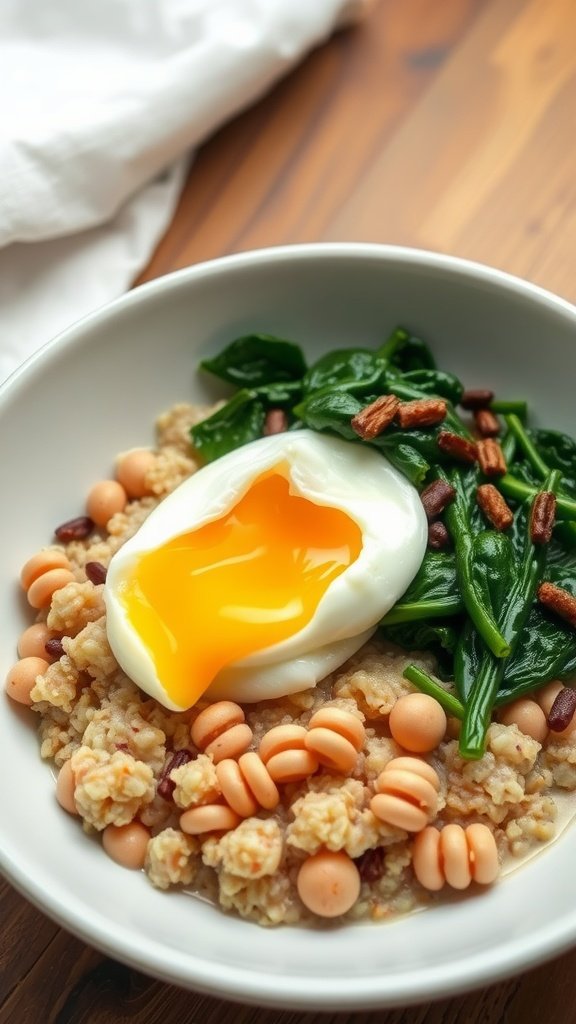 A bowl of savory oatmeal topped with spinach and a poached egg