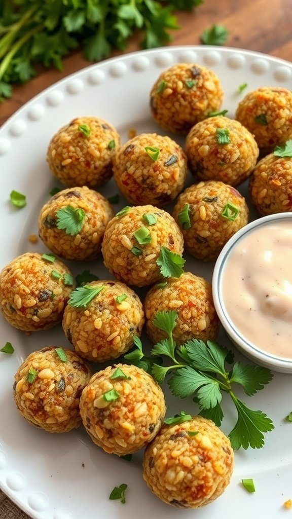 A plate of savory quinoa bites garnished with herbs, served with a dipping sauce.