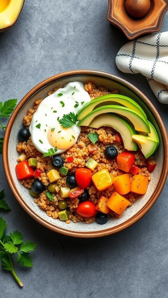 A colorful quinoa breakfast bowl filled with vegetables and avocado.