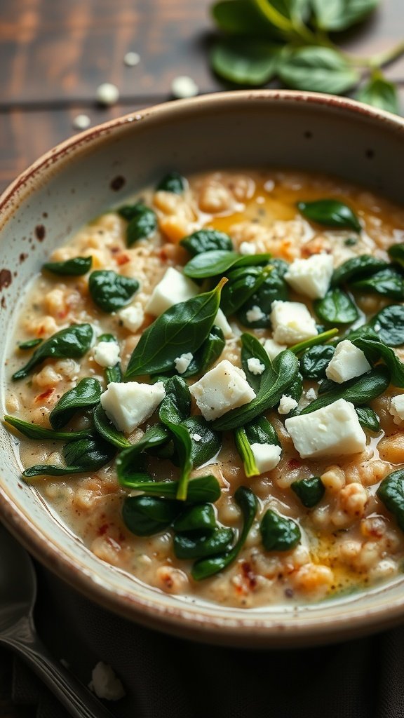 A bowl of savory spinach and feta porridge topped with fresh spinach leaves and crumbled feta cheese.