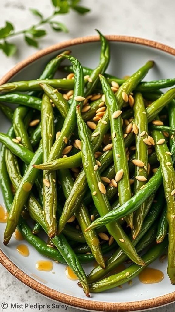 A plate of sesame ginger green beans topped with sesame seeds, showcasing vibrant green colors and a drizzle of sauce.