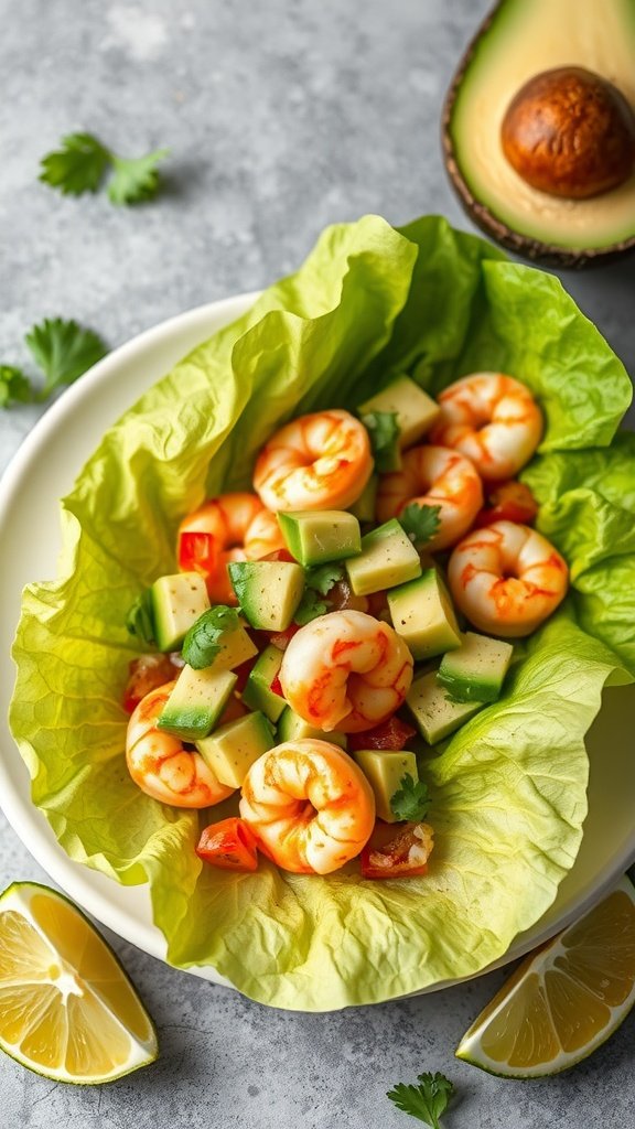 A colorful shrimp and avocado salad served in a lettuce wrap with lime slices on the side.