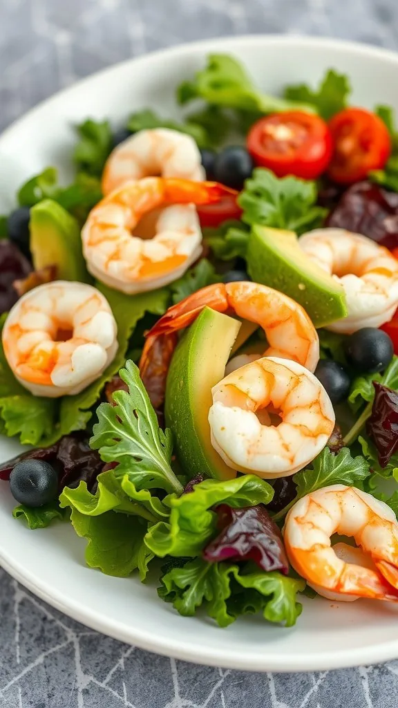 A colorful plate of shrimp and avocado salad with greens, cherry tomatoes, and blueberries.