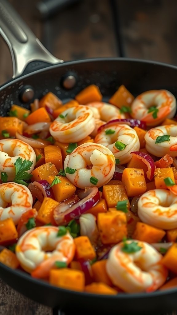 A skillet filled with shrimp, sweet potatoes, and red onions, garnished with fresh herbs.