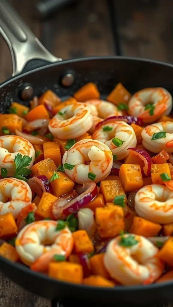 A skillet filled with shrimp, sweet potatoes, and red onions, garnished with fresh herbs.