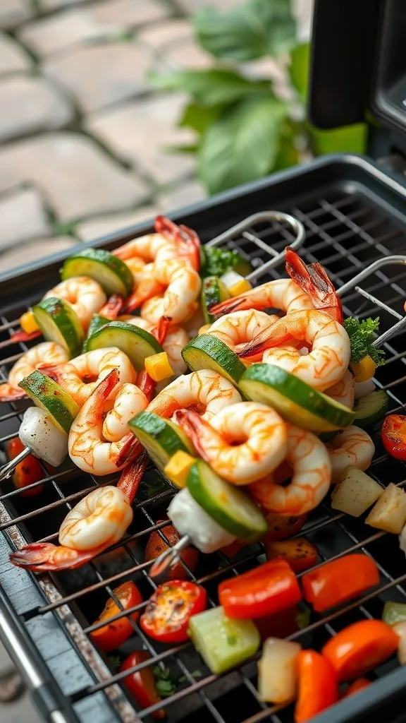 Grilled shrimp and vegetable skewers on a grill