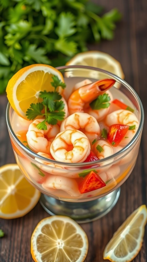 A bowl of shrimp ceviche with lemon slices and fresh cilantro