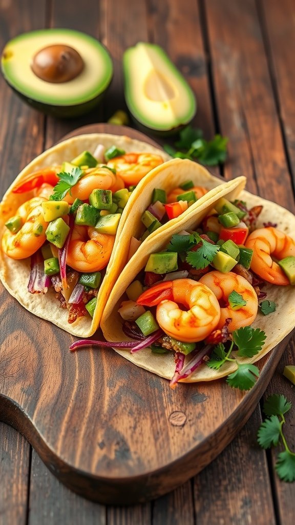 Delicious shrimp tacos topped with avocado salsa and fresh vegetables on a wooden board.