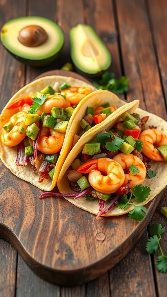 Delicious shrimp tacos topped with avocado salsa and fresh vegetables on a wooden board.