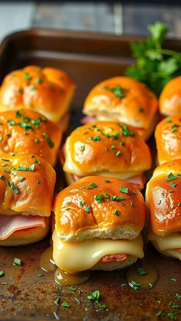 Delicious ham and cheese sliders with garlic butter glaze, garnished with fresh herbs.