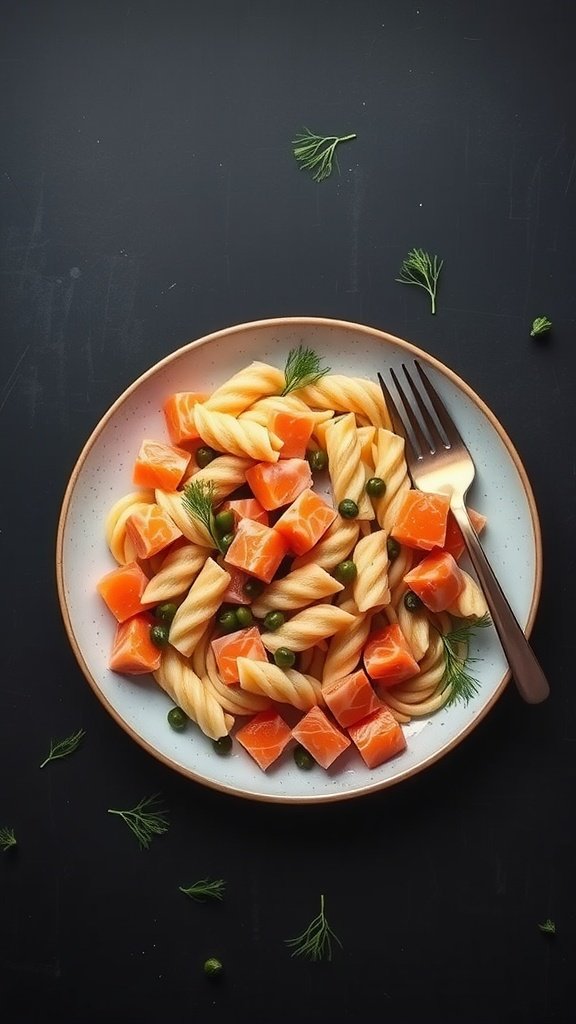 A plate of smoked salmon pasta salad with twirled pasta, diced salmon, green peas, and fresh dill on a dark background.
