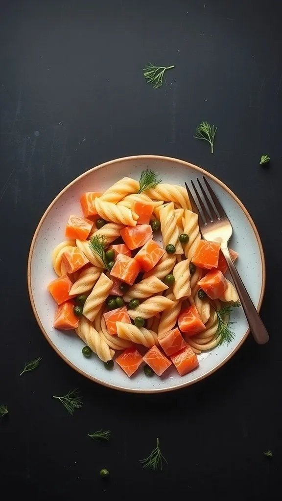 A plate of smoked salmon pasta salad with twirled pasta, diced salmon, green peas, and fresh dill on a dark background.