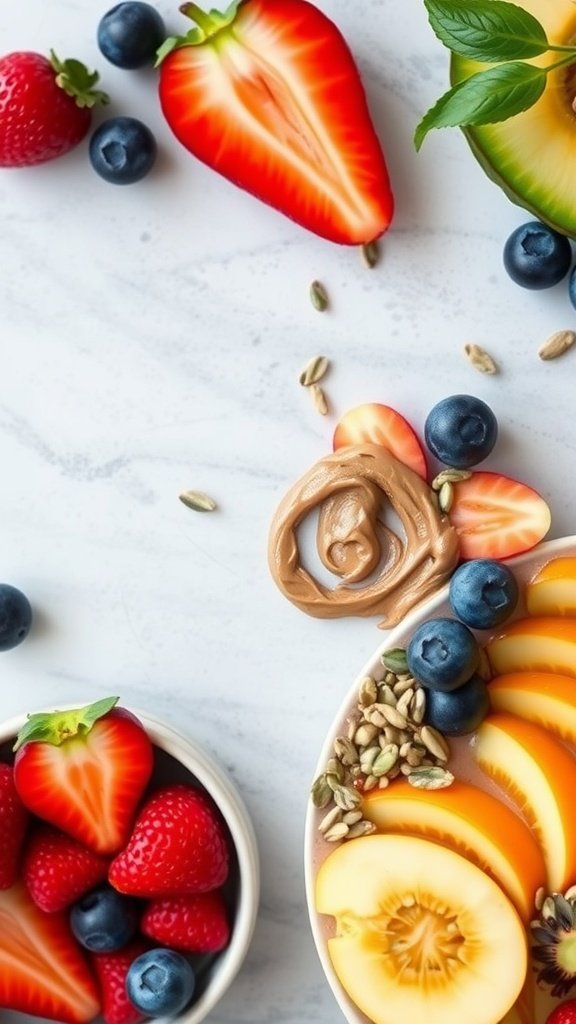 A colorful smoothie bowl topped with nut butter, fresh fruits, and seeds.