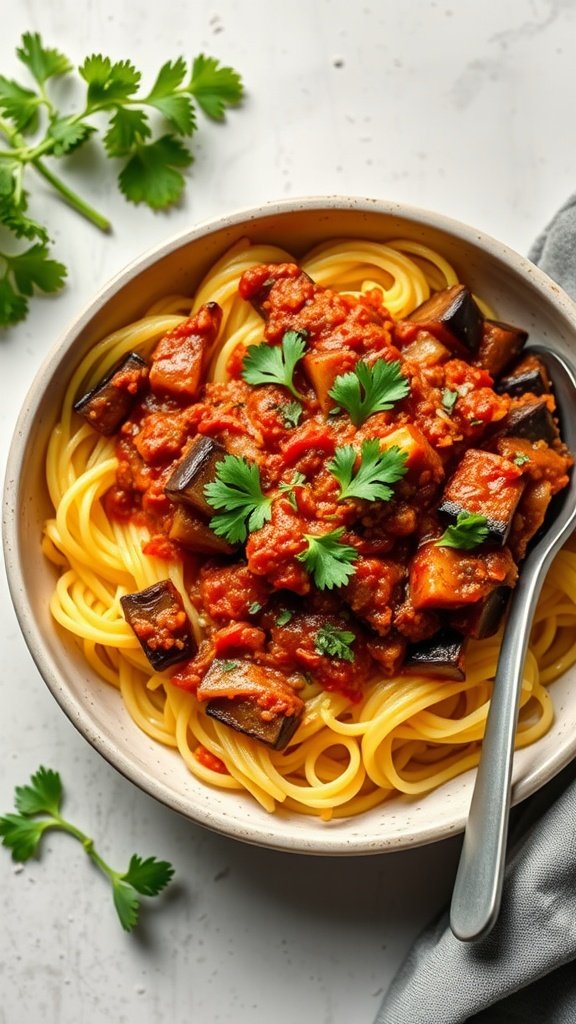 A bowl of spaghetti squash topped with eggplant ragu, garnished with fresh cilantro.
