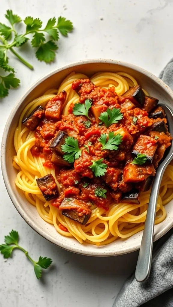 A bowl of spaghetti squash topped with eggplant ragu, garnished with fresh cilantro.