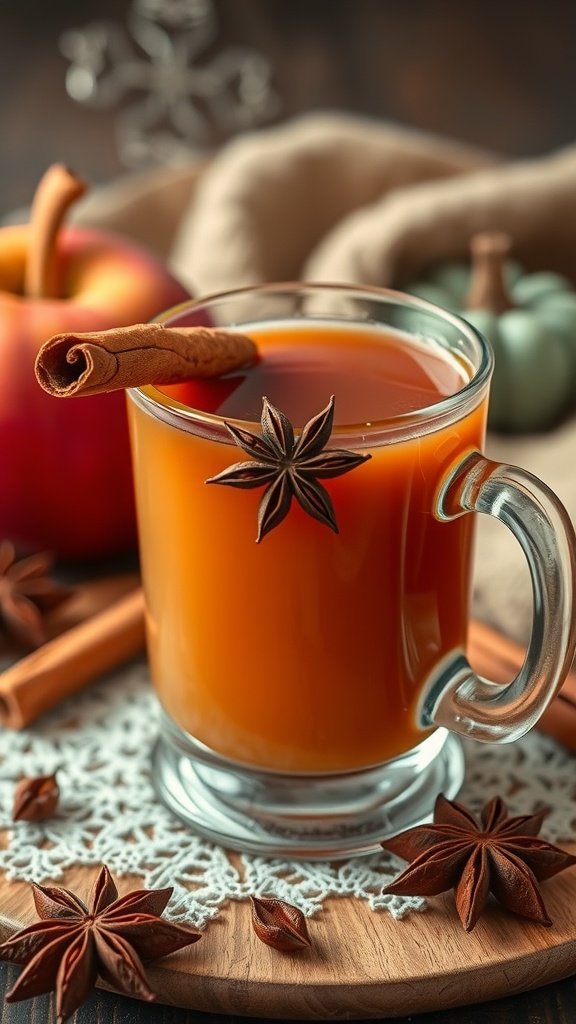 A warm cup of spiced apple cider with cinnamon and star anise, surrounded by apples and spices.