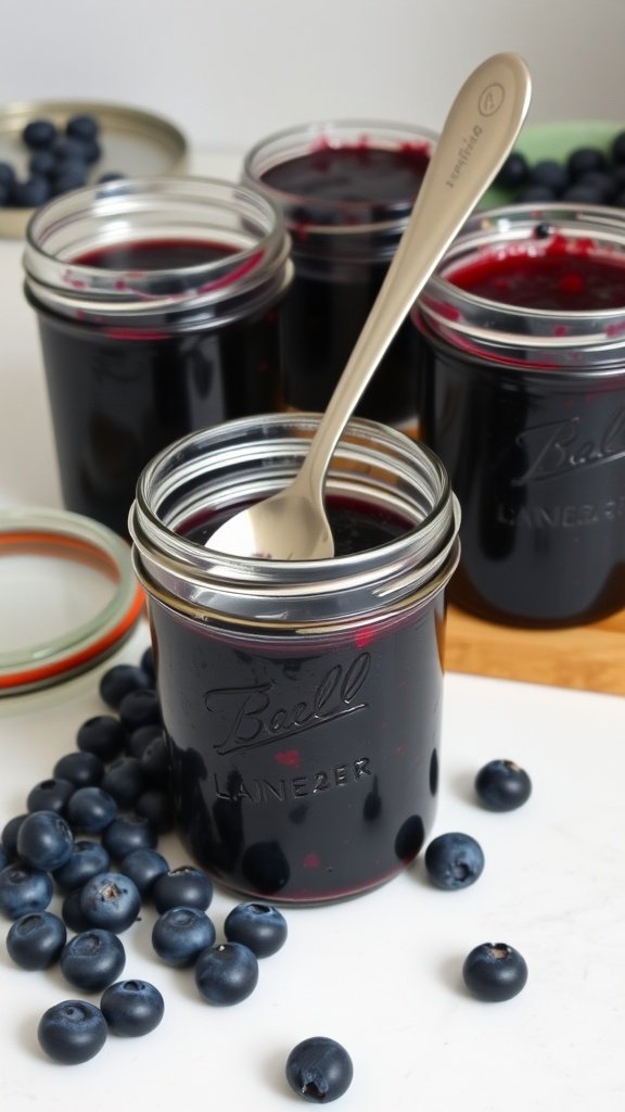 Jars of spiced blueberry jam with fresh blueberries beside them and a spoon in one jar.