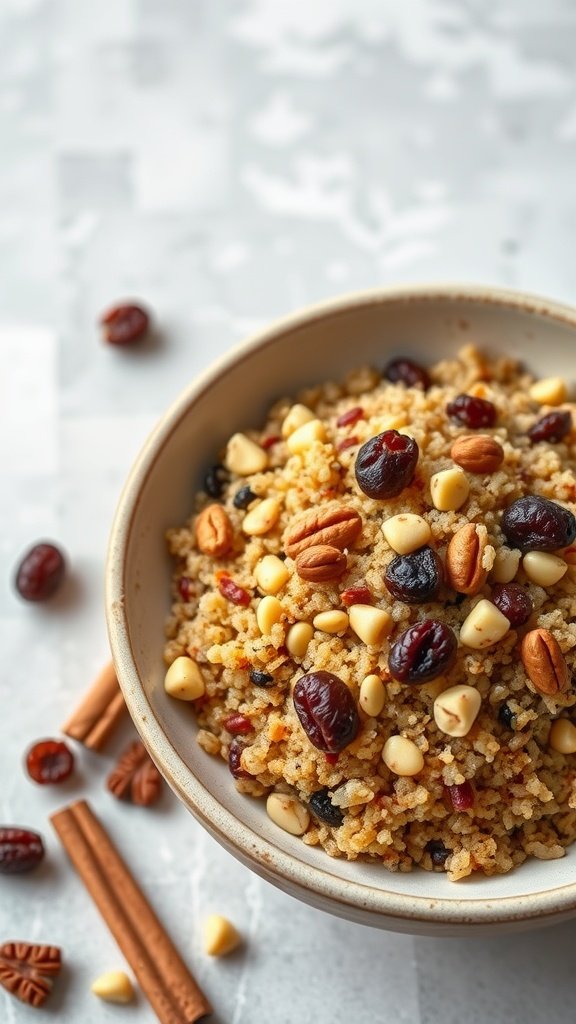 A bowl of spiced quinoa with nuts and raisins, garnished with cinnamon sticks.