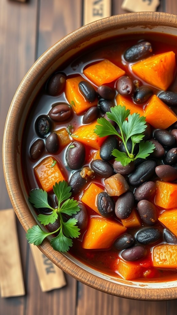 A bowl of spicy black bean and sweet potato stew with fresh herbs