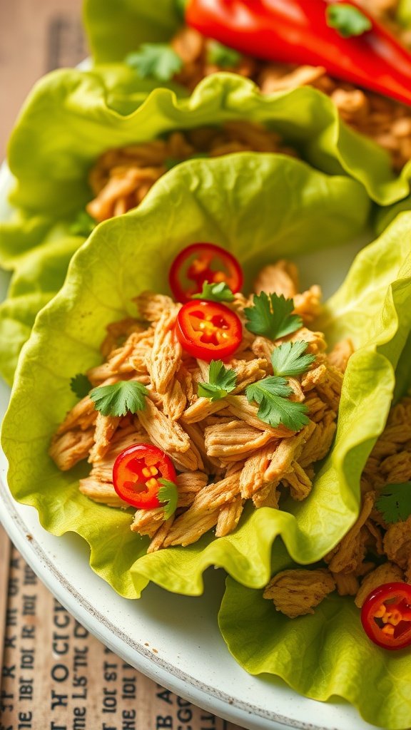 Healthy spicy chicken lettuce wraps with shredded chicken, red chili slices, and fresh cilantro in lettuce leaves.