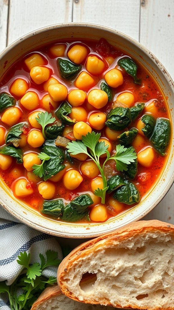 A bowl of spicy chickpea and spinach stew with a side of bread and fresh herbs