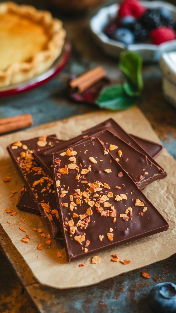 Chocolate bark topped with cinnamon and chili flakes on a brown parchment paper.