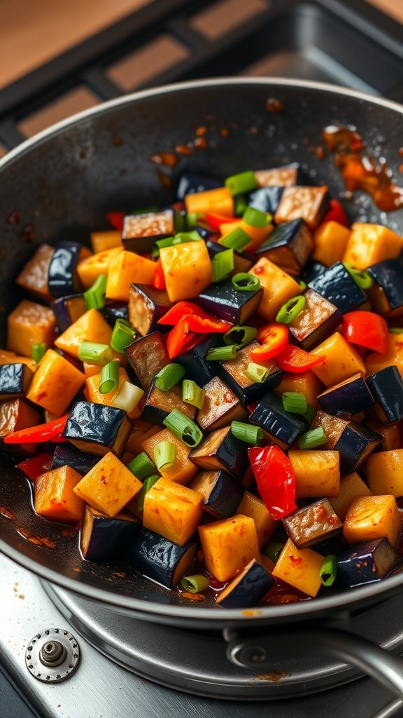 A colorful spicy eggplant stir-fry with diced eggplant, bell peppers, and green onions in a frying pan.