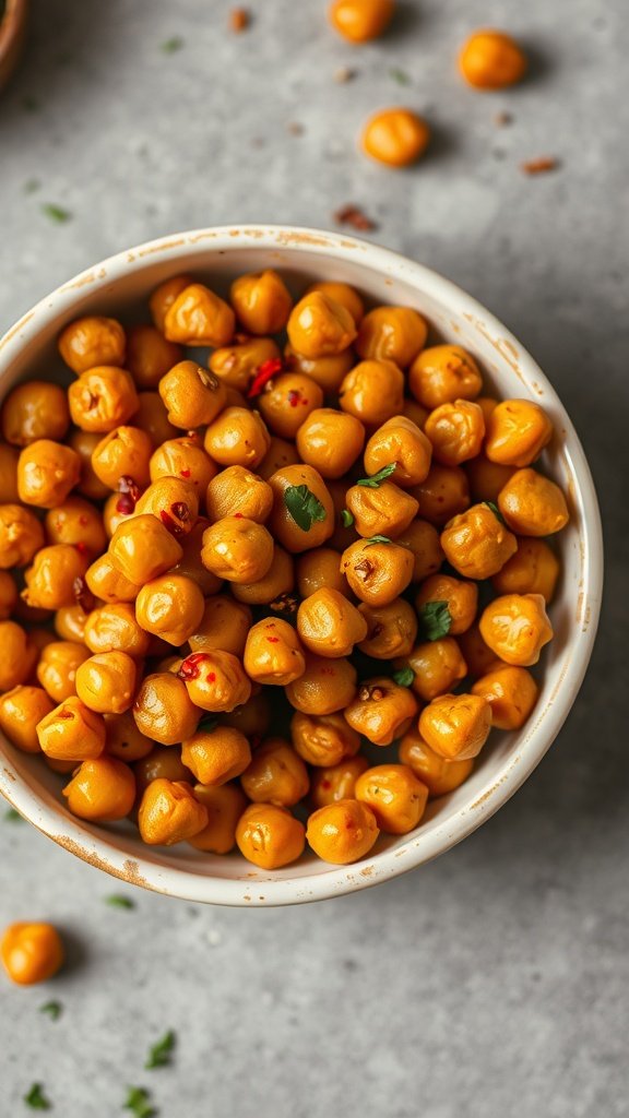 A bowl filled with golden, spicy roasted chickpeas garnished with herbs.