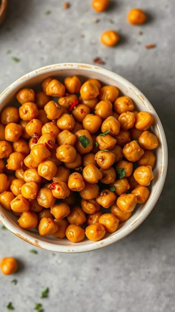 A bowl filled with golden, spicy roasted chickpeas garnished with herbs.