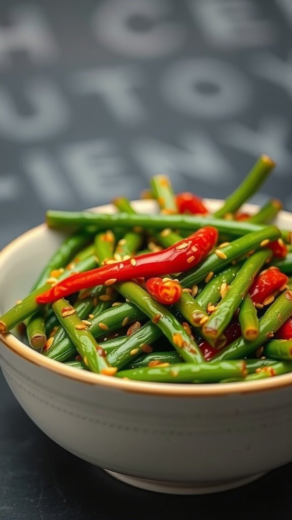 Bowl of spicy Szechuan green beans with red chili peppers and sesame seeds