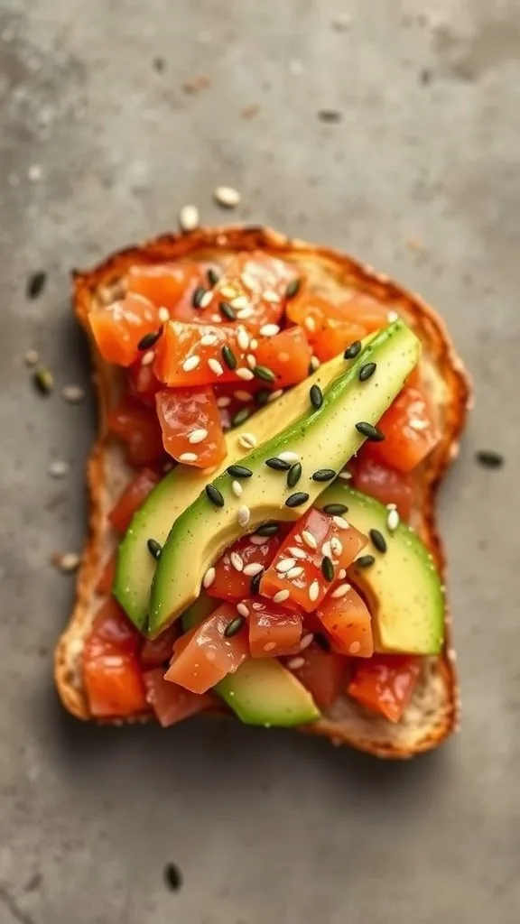 Spicy Tuna Avocado Toast topped with sesame seeds on a slice of bread