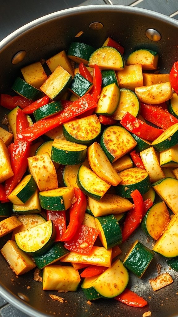 A pan filled with colorful zucchini and red bell peppers stir-fried with spices