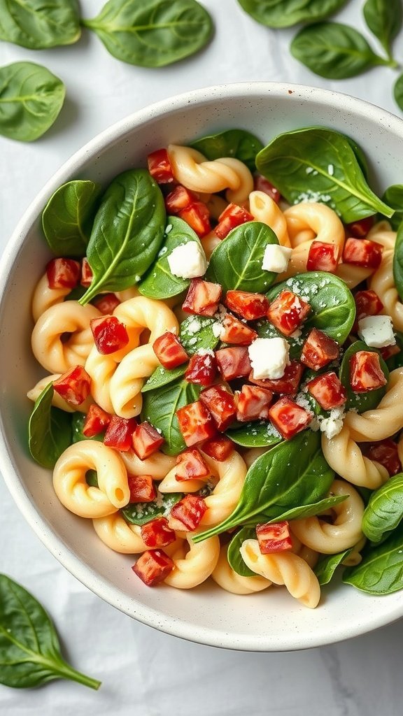 A bowl of spinach and bacon pasta salad with tomatoes and cheese on a light background.