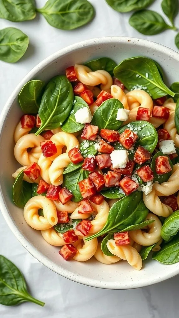 A bowl of spinach and bacon pasta salad with tomatoes and cheese on a light background.