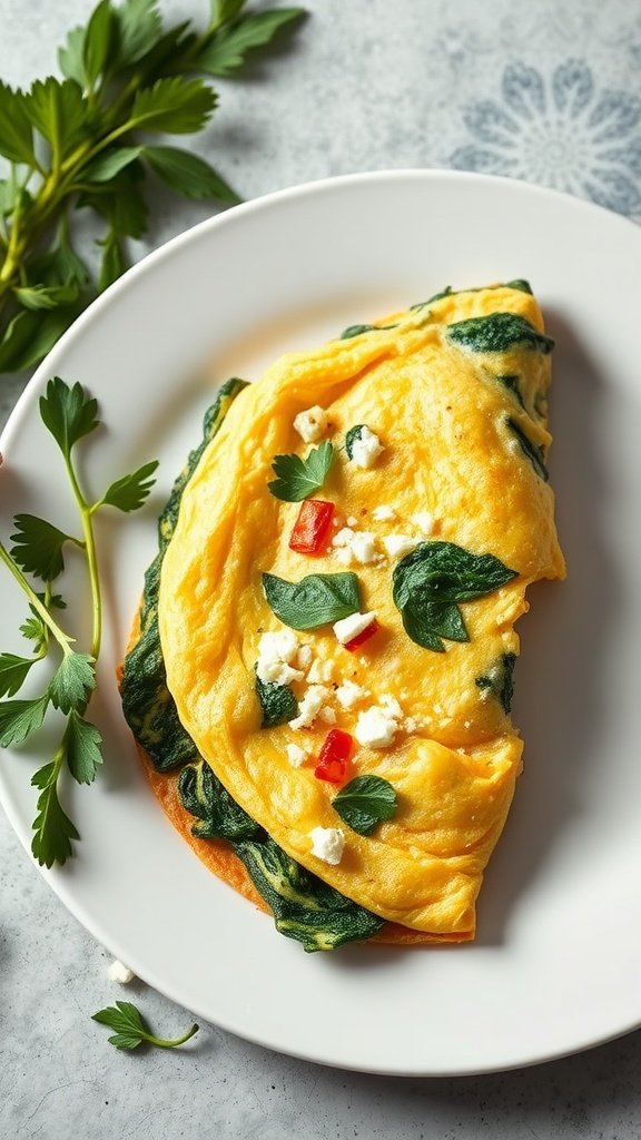 A spinach and feta omelette garnished with parsley and red pepper on a white plate