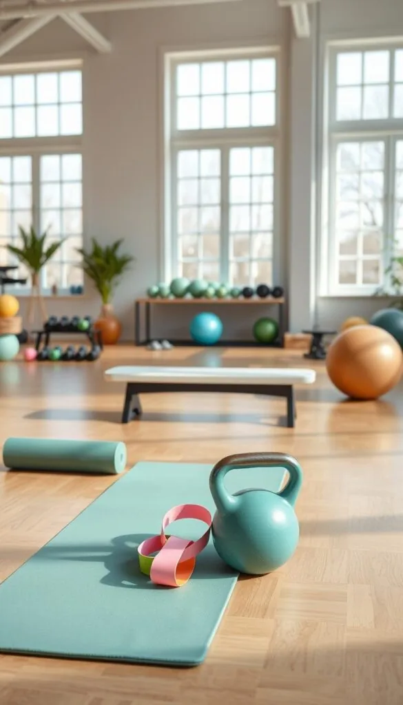 Bright exercise room with a mat, kettlebell, resistance band and exercise balls