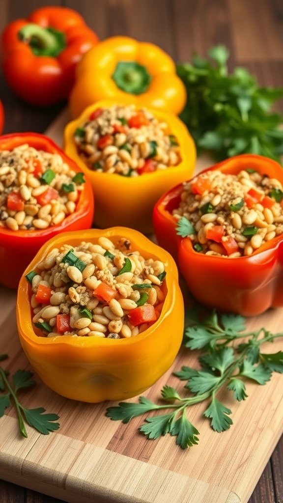 Colorful stuffed bell peppers filled with grains and vegetables on a wooden cutting board.
