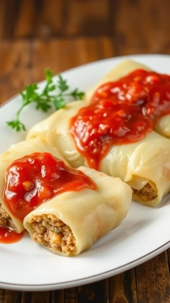 Plate of stuffed cabbage rolls topped with tomato sauce