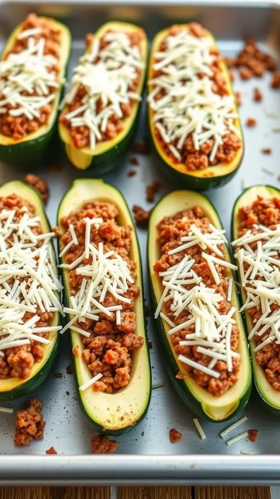 Stuffed zucchini boats filled with a savory mixture and topped with cheese