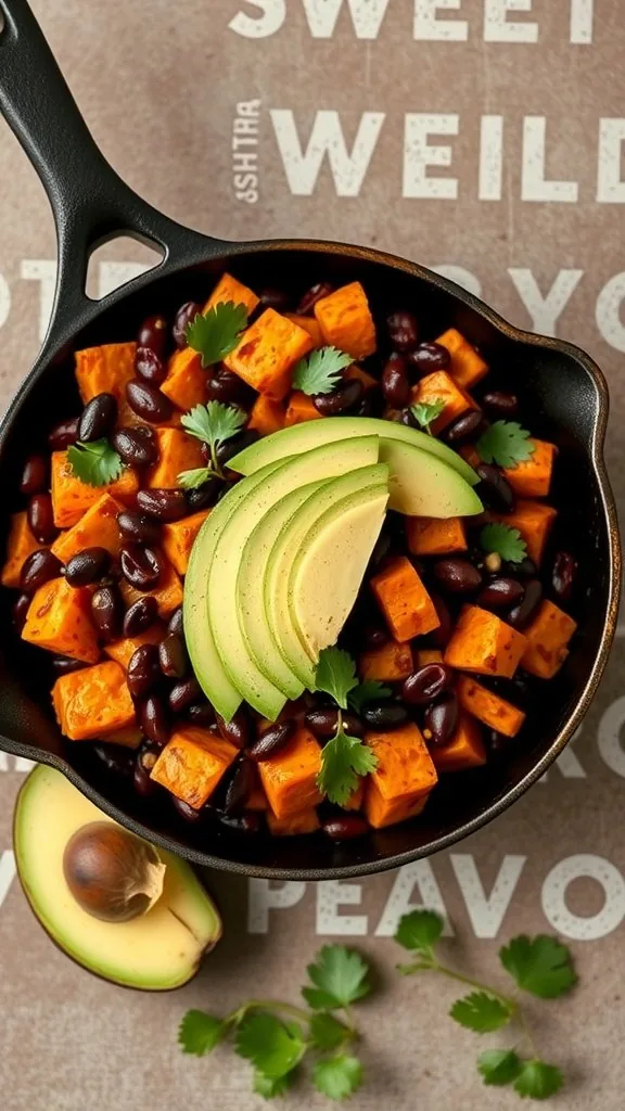 A skillet filled with sweet potato and black bean hash topped with avocado slices and fresh cilantro.