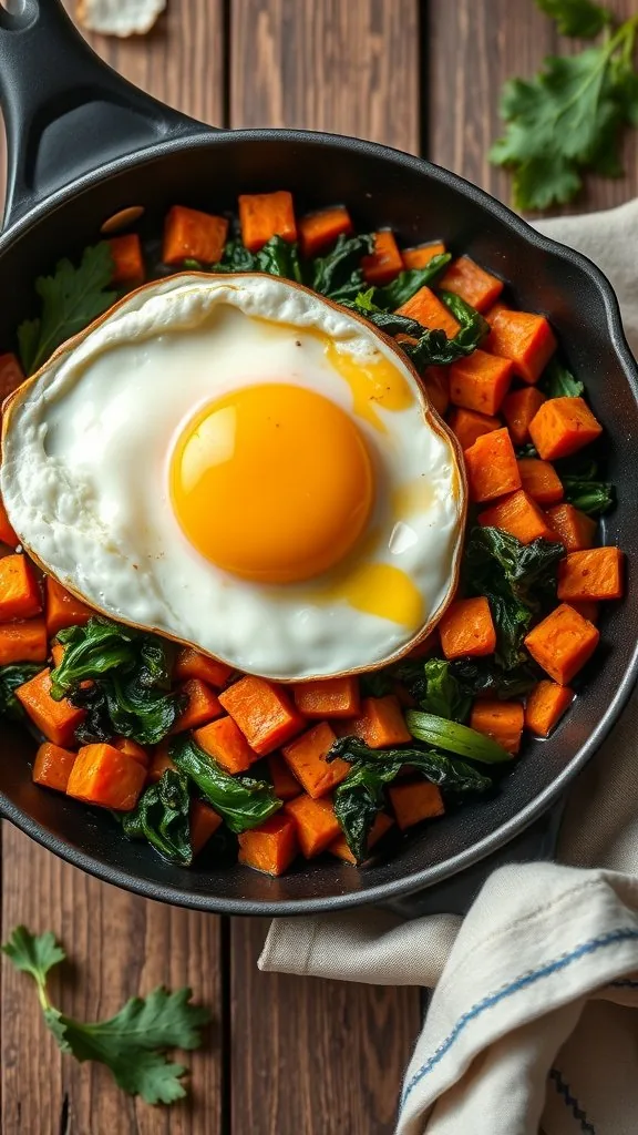 Sweet Potato and Kale Hash with a fried egg on top in a skillet