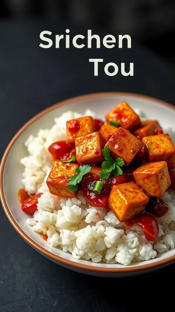 A plate of Szechuan Spicy Tofu served over rice, garnished with cilantro.