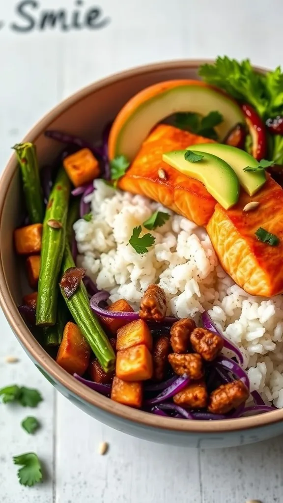 A bowl filled with rice, teriyaki salmon, vegetables, and avocado slices.
