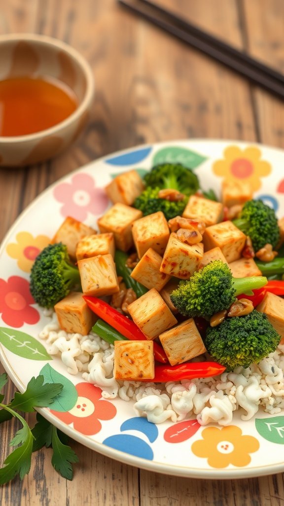 A colorful tofu and broccoli stir-fry served on a floral plate with rice and a small bowl of sauce