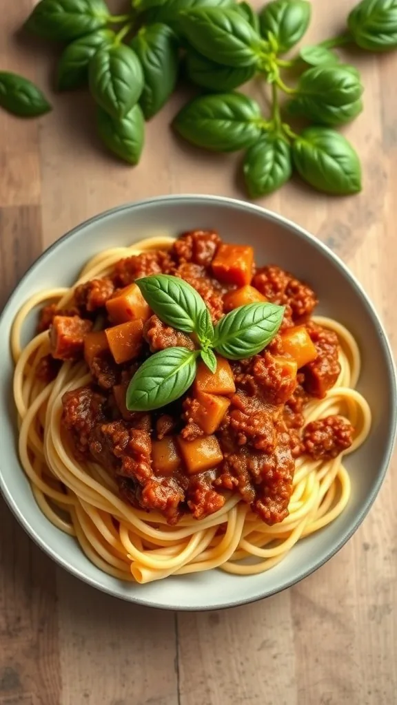 A plate of pasta topped with tofu Bolognese sauce and fresh basil leaves.